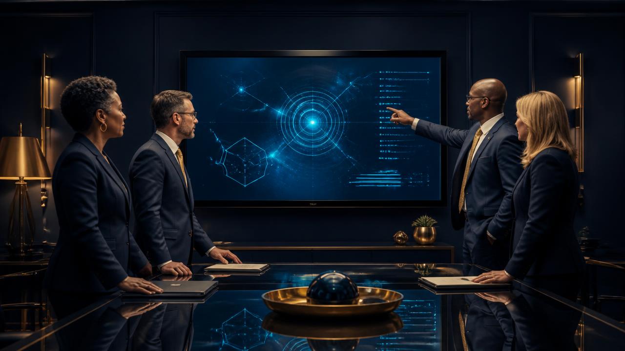 Equipe gestora decidindo diante do painel do Radar dos 6 Faróis
